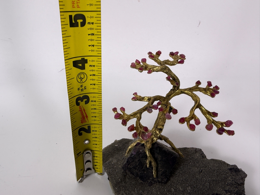 Gilt Metal Bonsai Gem Tree With Pink Tourmaline Crystal Flowers Matrix Base With Large Dark Purple Fluorite Crystal Cube 4H [Photo 7]
