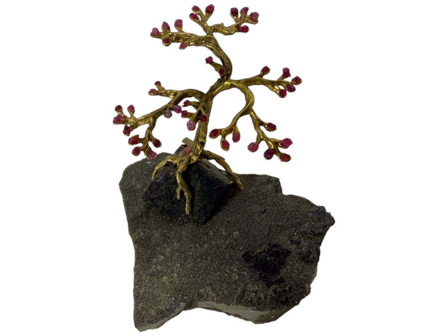 Gilt Metal Bonsai Gem Tree With Pink Tourmaline Crystal Flowers Matrix Base With Large Dark Purple Fluorite Crystal Cube 4H