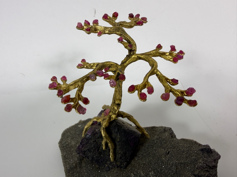 Gilt Metal Bonsai Gem Tree With Pink Tourmaline Crystal Flowers Matrix Base With Large Dark Purple Fluorite Crystal Cube 4H [Photo 5]