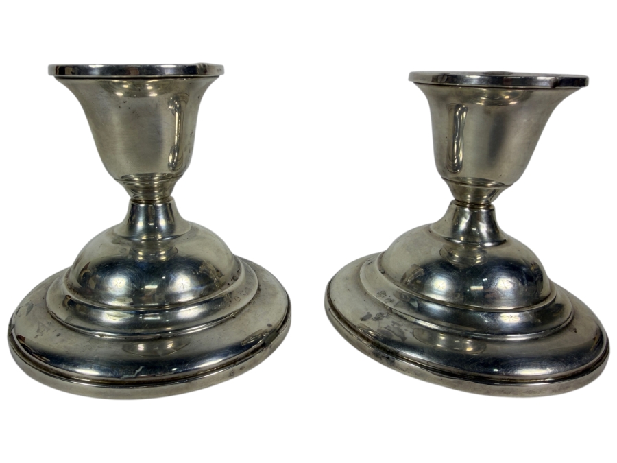 Pair Of Fisher Silversmiths Sterling Silver Short Single Light Weighted Candlesticks 3.5H