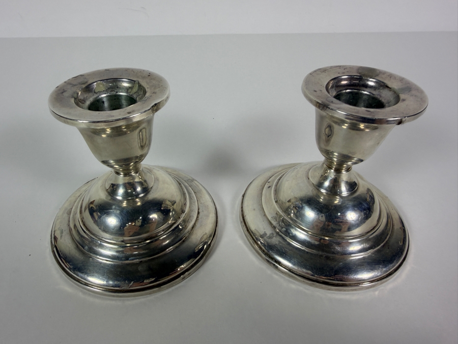 Pair Of Fisher Silversmiths Sterling Silver Short Single Light Weighted Candlesticks 3.5H [Photo 2]