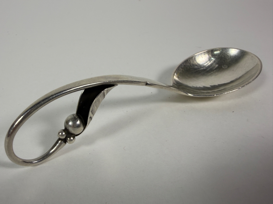Georg Jensen Sterling Silver Ornamental Sugar Spoon With Scroll Loop Handle Made In Denmark 30g 5.25W Silver Melt Value $49 [Photo 2]
