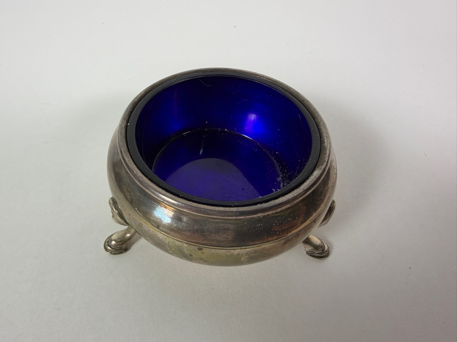 Vintage Solid Sterling Silver Footed Salt Cellar Three Scroll Legs With Cobalt Blue Glass Liner 56.8g 2.5W Silver Melt Value $93 [Photo 3]