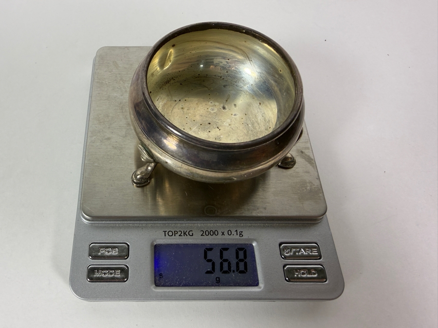 Vintage Solid Sterling Silver Footed Salt Cellar Three Scroll Legs With Cobalt Blue Glass Liner 56.8g 2.5W Silver Melt Value $93 [Photo 5]