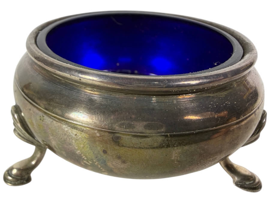 Vintage Solid Sterling Silver Footed Salt Cellar Three Scroll Legs With Cobalt Blue Glass Liner 56.8g 2.5W Silver Melt Value $93