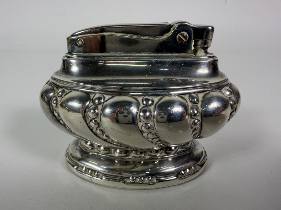 Vintage Ronson Crown Silver-Plated Table Lighter With Gadroon Bead Trim Made In USA 3W X 2.5H [Photo 2]