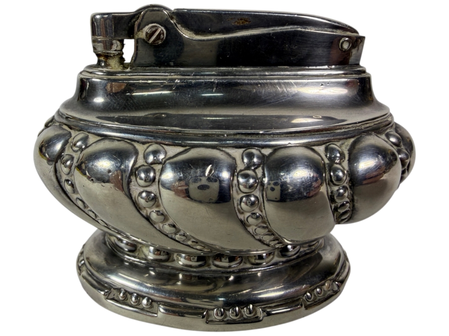 Vintage Ronson Crown Silver-Plated Table Lighter With Gadroon Bead Trim Made In USA 3W X 2.5H