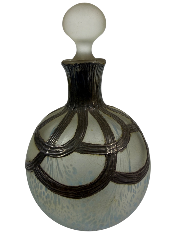 Antique Loetz Art Nouveau Mottled Iridescent Glass Perfume Bottle Decanter British Sterling Silver Overlay Hallmarked BU 4.75H