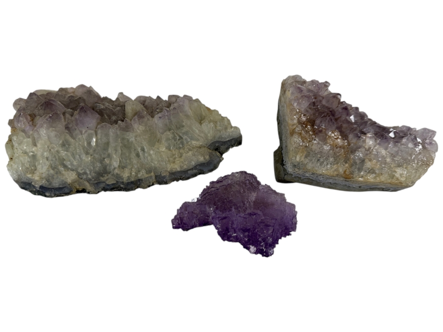Three Piece Mineral Specimen Group Including Two Natural Amethyst Quartz Clusters And One Raw Purple Fluorite Crystal 3 - 7L