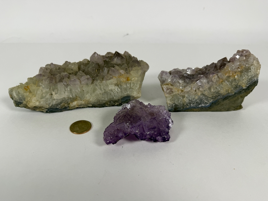 Three Piece Mineral Specimen Group Including Two Natural Amethyst Quartz Clusters And One Raw Purple Fluorite Crystal 3 - 7L [Photo 6]