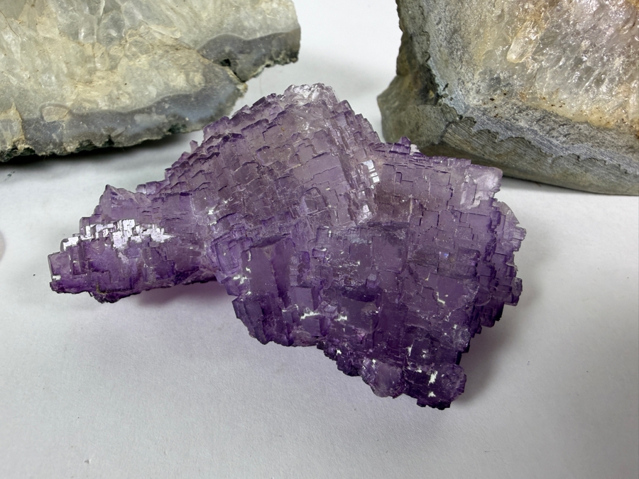 Three Piece Mineral Specimen Group Including Two Natural Amethyst Quartz Clusters And One Raw Purple Fluorite Crystal 3 - 7L [Photo 2]