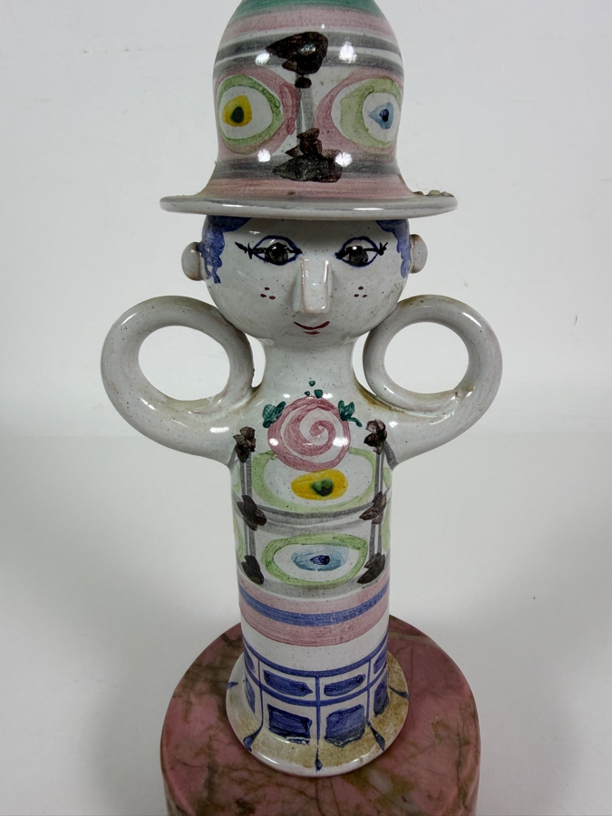Vintage Bjorn Wiinblad Denmark Anthropomorphic Ceramic Candleholder Dated 1965 Mounted On Pink Rhodonite Specimen Base 10.5H [Photo 2]