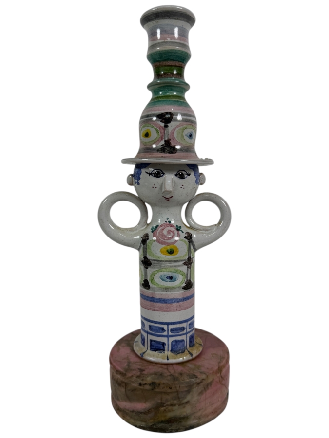 Vintage Bjorn Wiinblad Denmark Anthropomorphic Ceramic Candleholder Dated 1965 Mounted On Pink Rhodonite Specimen Base 10.5H