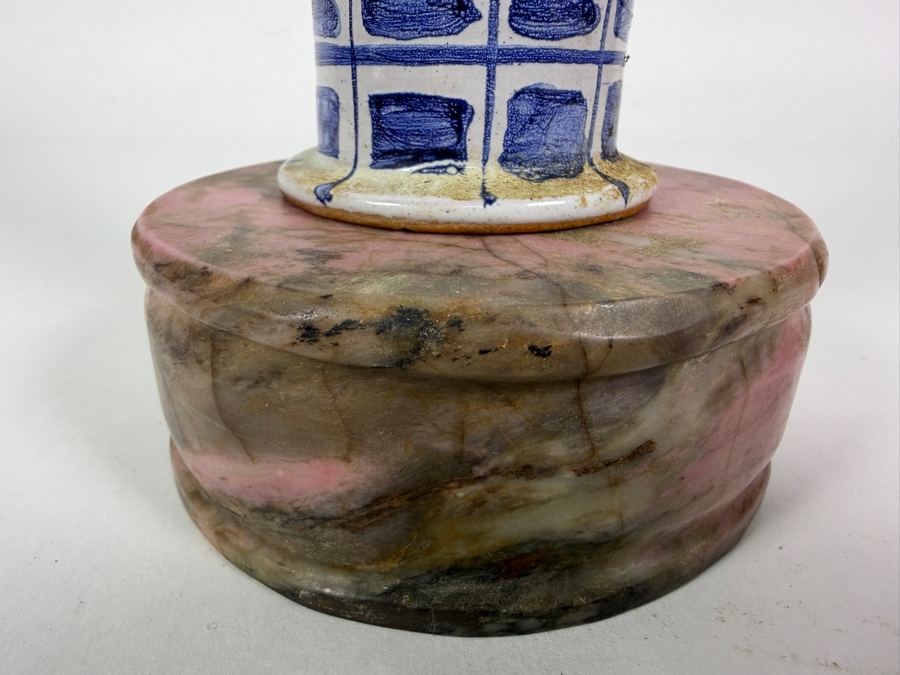 Vintage Bjorn Wiinblad Denmark Anthropomorphic Ceramic Candleholder Dated 1965 Mounted On Pink Rhodonite Specimen Base 10.5H [Photo 3]