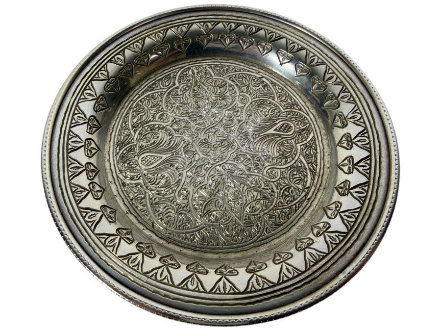 Antique Iranian Persian 840 Silver Repousse Plate Intricate Arabesque Floral Engraved Presentation Tray 3-Punch Hallmark 73.6g 5W Silver Melt Value $109