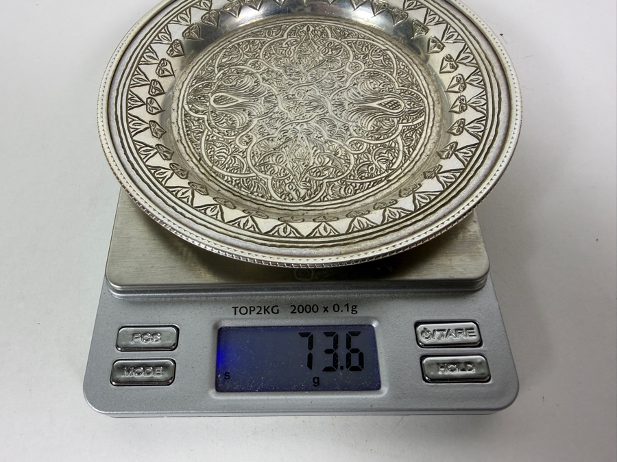 Antique Iranian Persian 840 Silver Repousse Plate Intricate Arabesque Floral Engraved Presentation Tray 3-Punch Hallmark 73.6g 5W Silver Melt Value $109 [Photo 8]