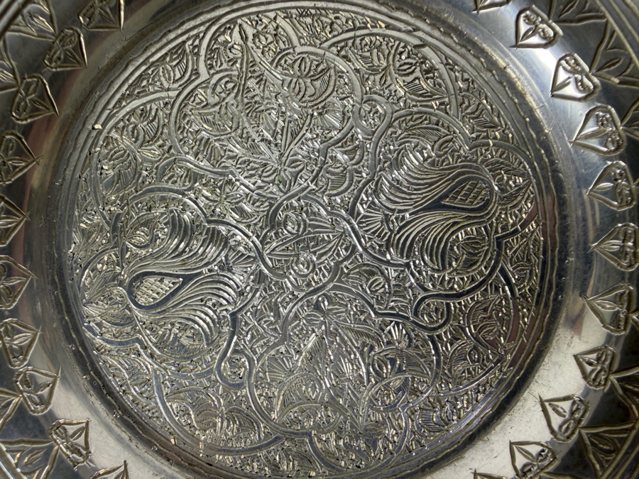 Antique Iranian Persian 840 Silver Repousse Plate Intricate Arabesque Floral Engraved Presentation Tray 3-Punch Hallmark 73.6g 5W Silver Melt Value $109 [Photo 3]