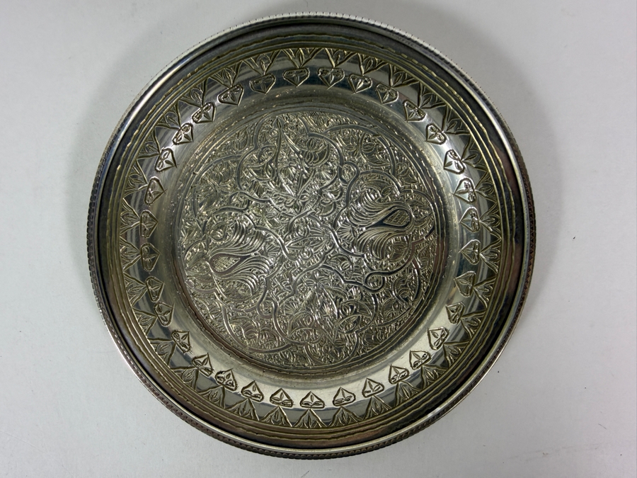 Antique Iranian Persian 840 Silver Repousse Plate Intricate Arabesque Floral Engraved Presentation Tray 3-Punch Hallmark 73.6g 5W Silver Melt Value $109 [Photo 2]