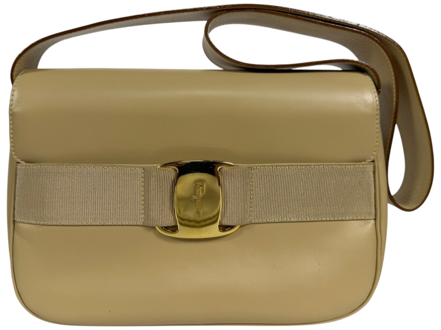 Salvatore Ferragamo Vara Beige Smooth Calfskin Leather Shoulder Bag Grosgrain Ribbon Gold-Tone Buckle With Dust Bag