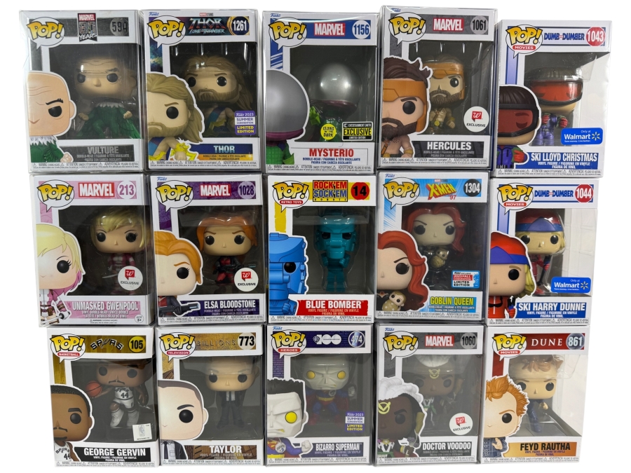 Lot Of 15 Assorted Funko Pop Vinyl Figures Including Marvel, DC, NBA, Millions, Dune, And Dumb And Dumber Exclusives, In Box. Estimate $185 - $270