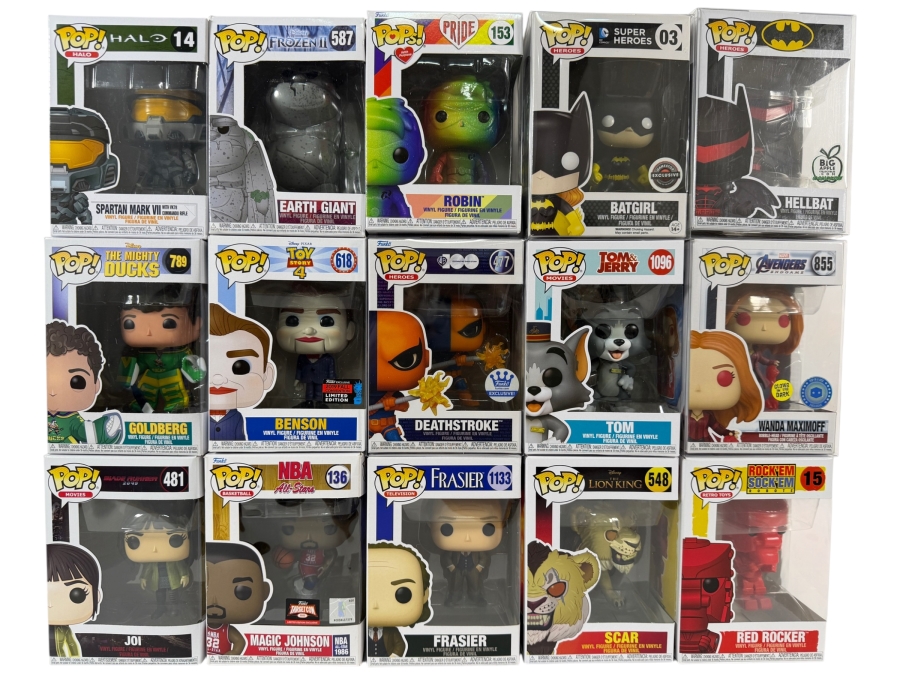 Lot Of 15 Funko Pop! Vinyl Figures In Boxes Including Exclusives: Halo, Frozen II, Batgirl, Deathstroke, Benson NYCC, Wanda Maximoff, Magic Johnson, Scar, More Estimate $175 - $255