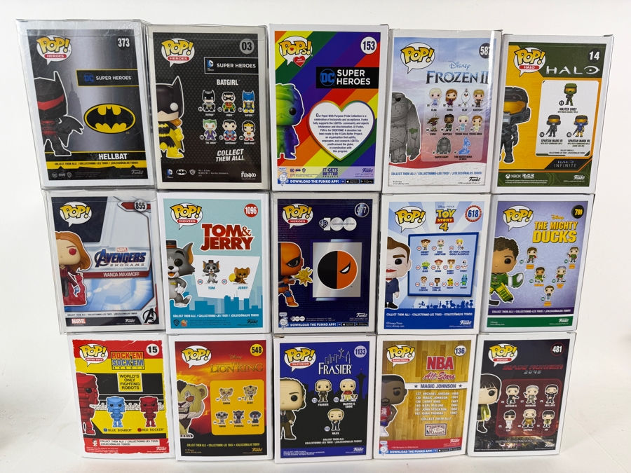 Lot Of 15 Funko Pop! Vinyl Figures In Boxes Including Exclusives: Halo, Frozen II, Batgirl, Deathstroke, Benson NYCC, Wanda Maximoff, Magic Johnson, Scar, More Estimate $175 - $255 [Photo 11]