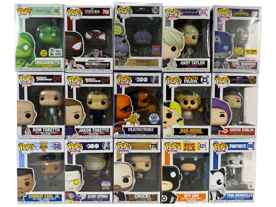Lot Of 15 Funko Pop! Vinyl Figures In Boxes Including Exclusives: Crusaderette ECCC, Taweret, Civil Warrior, Deathstroke, Bizarro Superman, Miles Morales, Green Goblin, More Estimate $182 - $265
