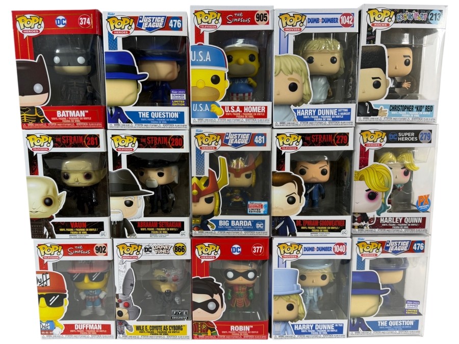 Lot Of 15 Assorted Funko Pop Vinyl Figures Including DC, The Simpsons, Dumb And Dumber, And The Strain Exclusives, In Box. Estimate $172 - $251