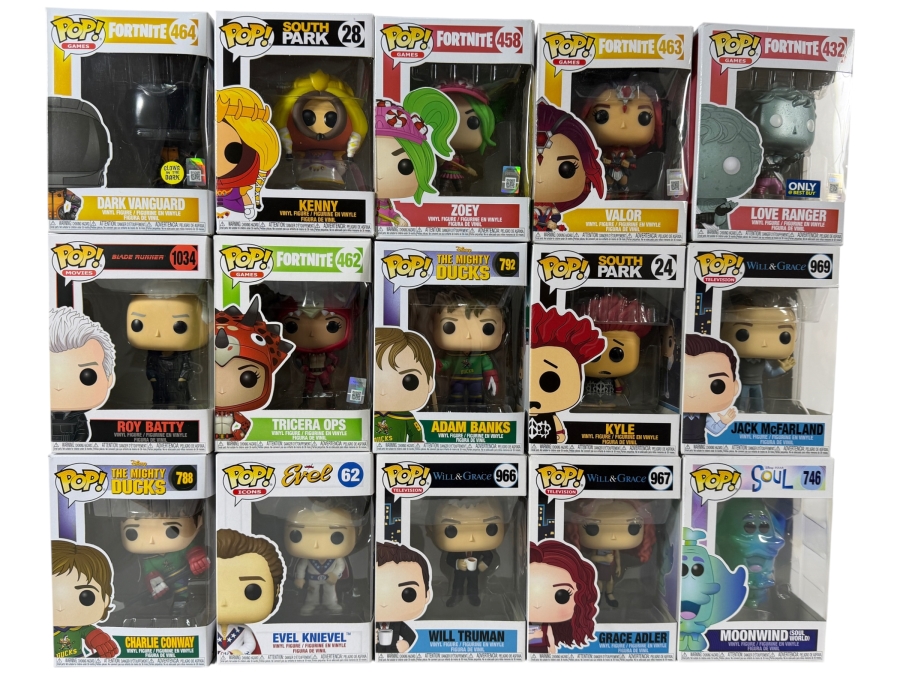 Lot Of 15 Assorted Funko Pop Vinyl Figures Including Fortnite, South Park, Will & Grace, And The Mighty Ducks Exclusives, In Box. Estimate $154 - $226