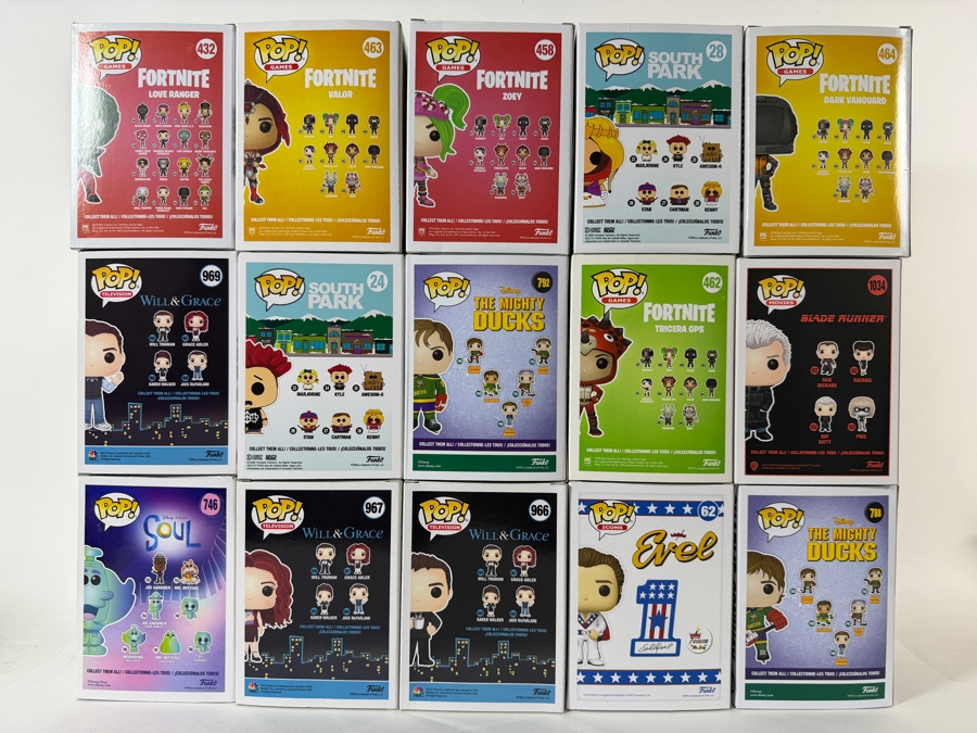 Lot Of 15 Assorted Funko Pop Vinyl Figures Including Fortnite, South Park, Will & Grace, And The Mighty Ducks Exclusives, In Box. Estimate $154 - $226 [Photo 11]