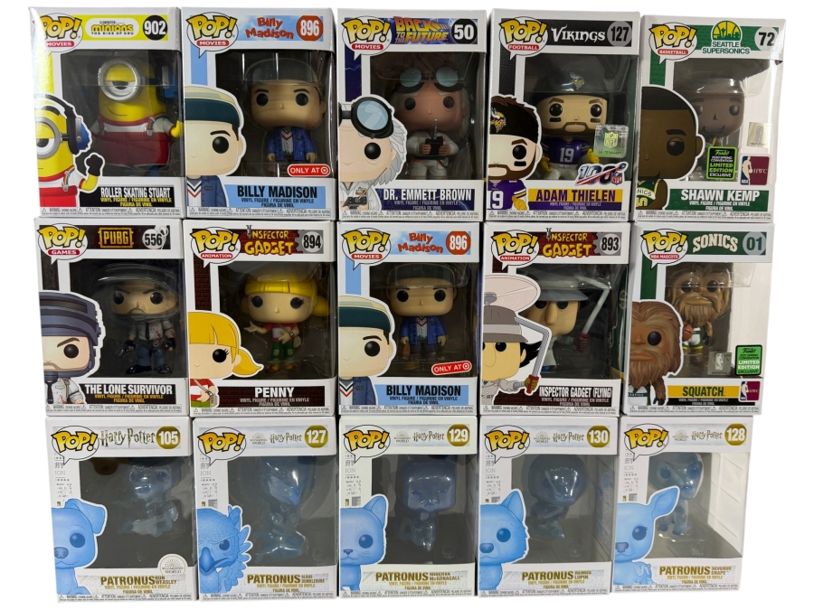 Lot Of 15 Assorted Funko Pop Vinyl Figures Including Harry Potter Patronus, Billy Madison, Inspector Gadget, Back To The Future, And Sports Exclusives, In Box. Estimate $165 - $240