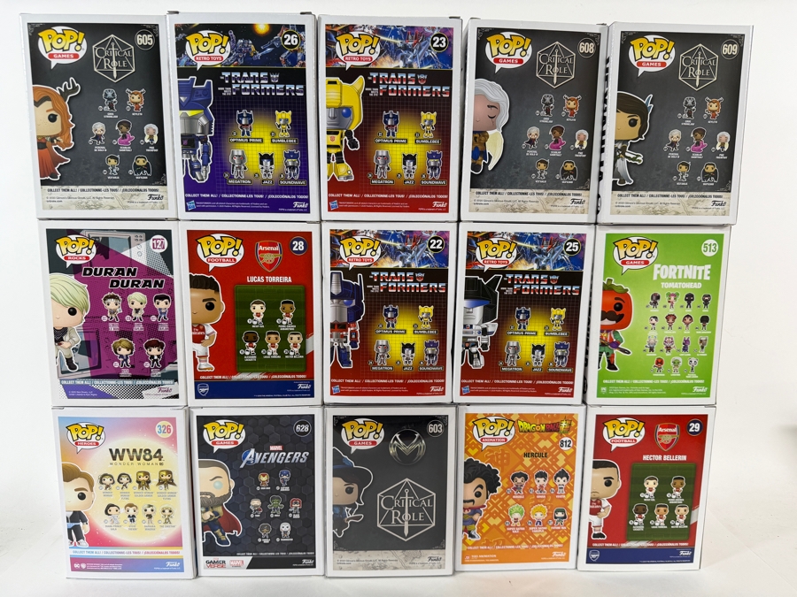 Lot Of 15 Assorted Funko Pop Vinyl Figures Including Transformers, Critical Role, Arsenal Football, Fortnite, And Marvel Exclusives, In Box. Estimate $170 - $245 [Photo 11]