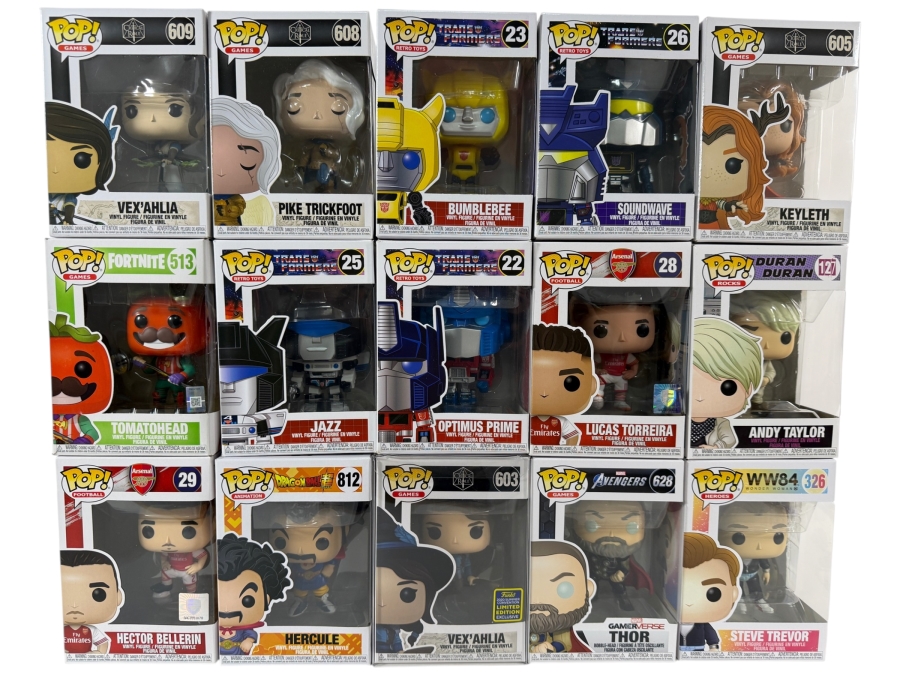 Lot Of 15 Assorted Funko Pop Vinyl Figures Including Transformers, Critical Role, Arsenal Football, Fortnite, And Marvel Exclusives, In Box. Estimate $170 - $245