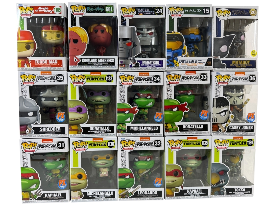 Lot Of 15 Assorted Funko Pop Vinyl Figures Including Teenage Mutant Ninja Turtles, Megatron, Halo, Rick And Morty, And Jingle All The Way, In Box. Estimate $185 - $265