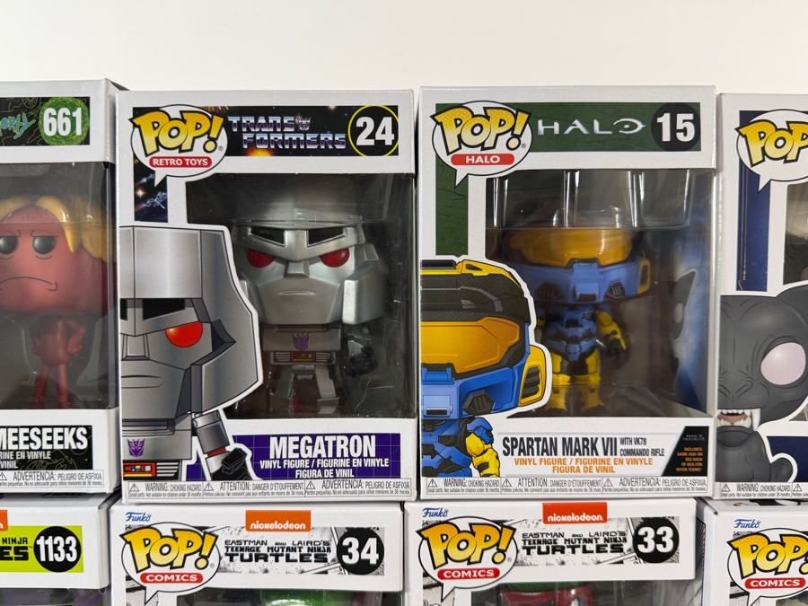 Lot Of 15 Assorted Funko Pop Vinyl Figures Including Teenage Mutant Ninja Turtles, Megatron, Halo, Rick And Morty, And Jingle All The Way, In Box. Estimate $185 - $265 [Photo 9]
