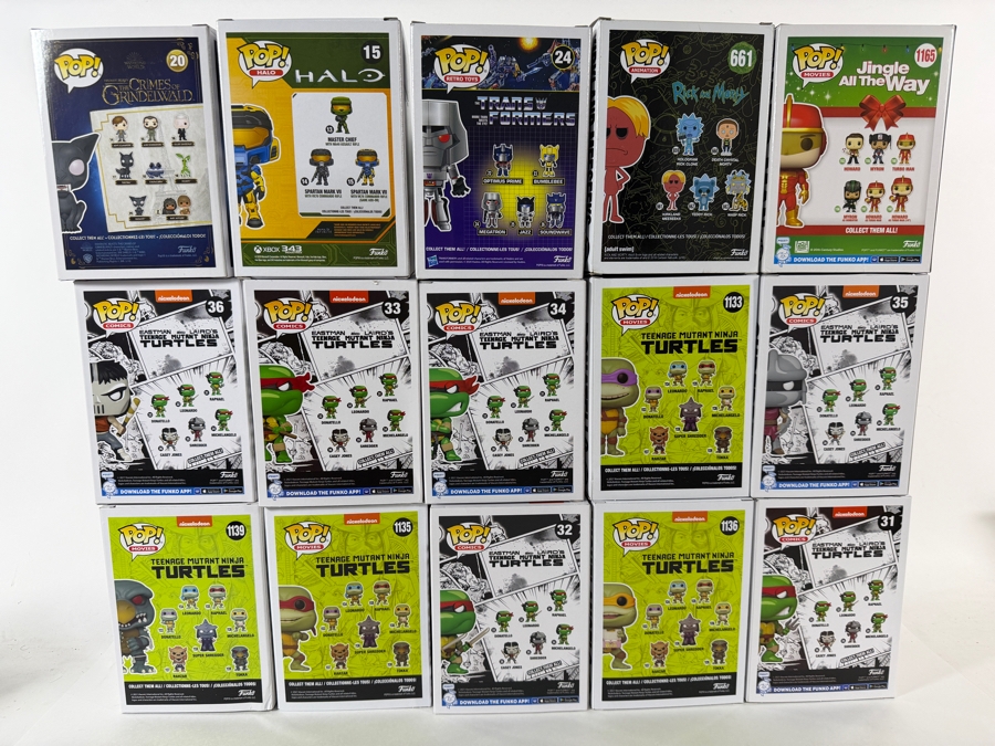 Lot Of 15 Assorted Funko Pop Vinyl Figures Including Teenage Mutant Ninja Turtles, Megatron, Halo, Rick And Morty, And Jingle All The Way, In Box. Estimate $185 - $265 [Photo 11]