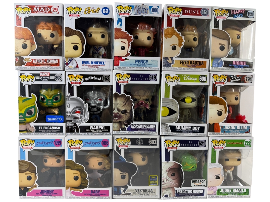 Lot Of 15 Assorted Funko Pop Vinyl Figures Including MAD, Lucha Libre, The Predator, Dune, And Dirty Dancing Exclusives, In Box. Estimate $180 - $260
