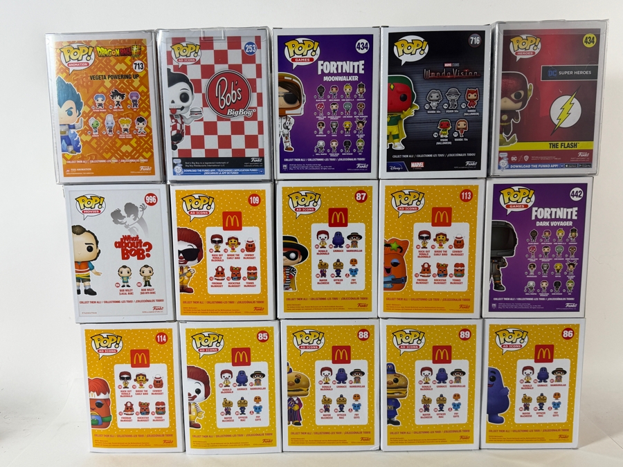 Lot Of 15 Assorted Funko Pop Vinyl Figures Including McDonald's Ad Icons, Fortnite, Marvel, And Bob's Big Boy, In Box. Estimate $190 - $275 [Photo 11]