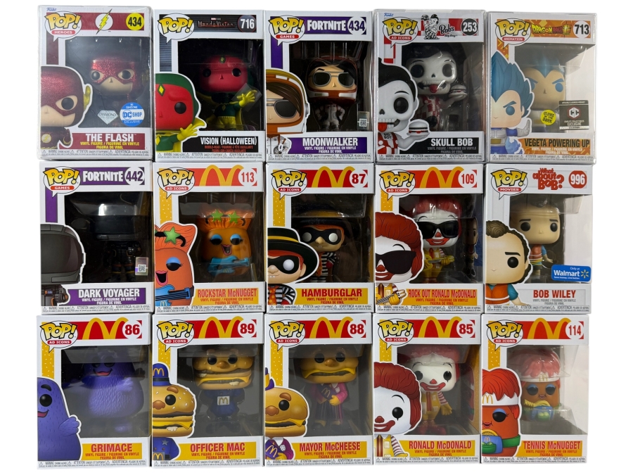 Lot Of 15 Assorted Funko Pop Vinyl Figures Including McDonald's Ad Icons, Fortnite, Marvel, And Bob's Big Boy, In Box. Estimate $190 - $275