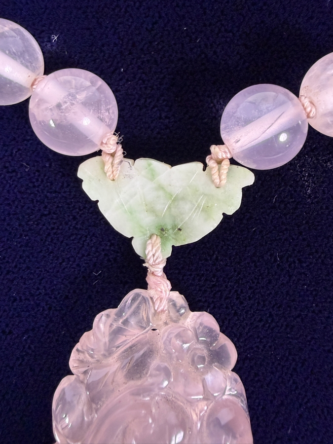 Vintage Chinese Carved Rose Quartz And Jadeite Jade Beaded Pendant Necklace With Silver Clasp [Photo 4]