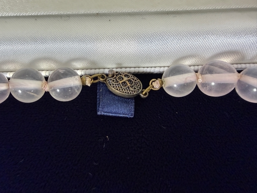 Vintage Chinese Carved Rose Quartz And Jadeite Jade Beaded Pendant Necklace With Silver Clasp [Photo 7]