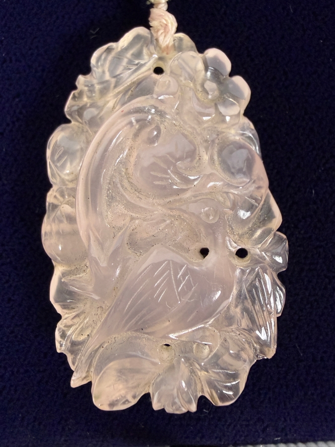 Vintage Chinese Carved Rose Quartz And Jadeite Jade Beaded Pendant Necklace With Silver Clasp [Photo 2]