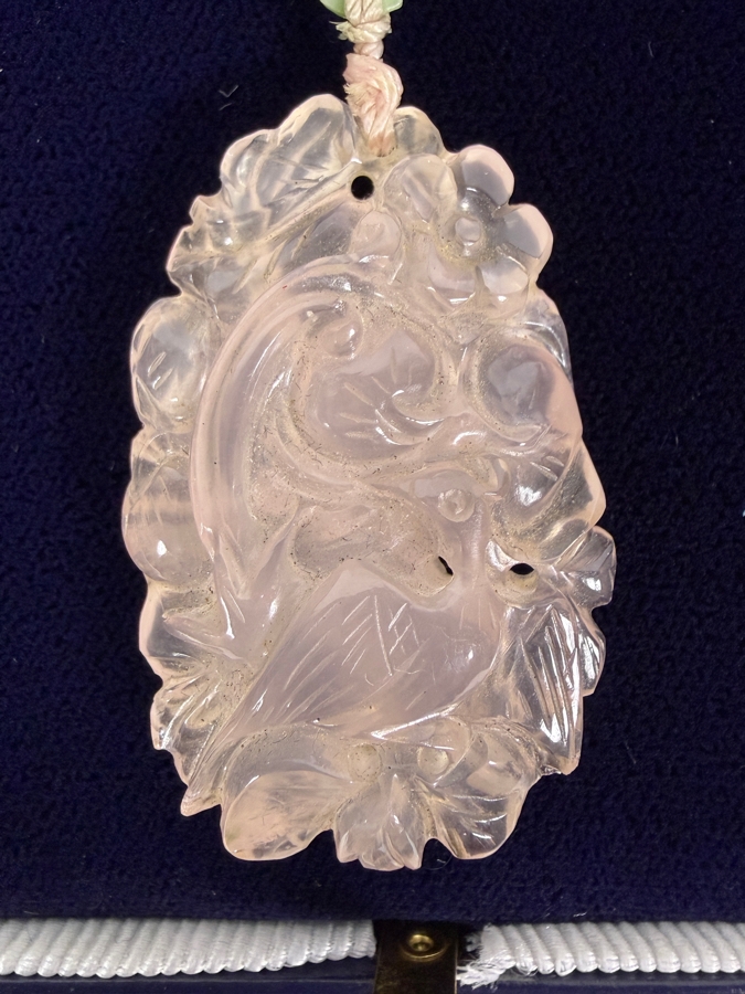 Vintage Chinese Carved Rose Quartz And Jadeite Jade Beaded Pendant Necklace With Silver Clasp [Photo 3]