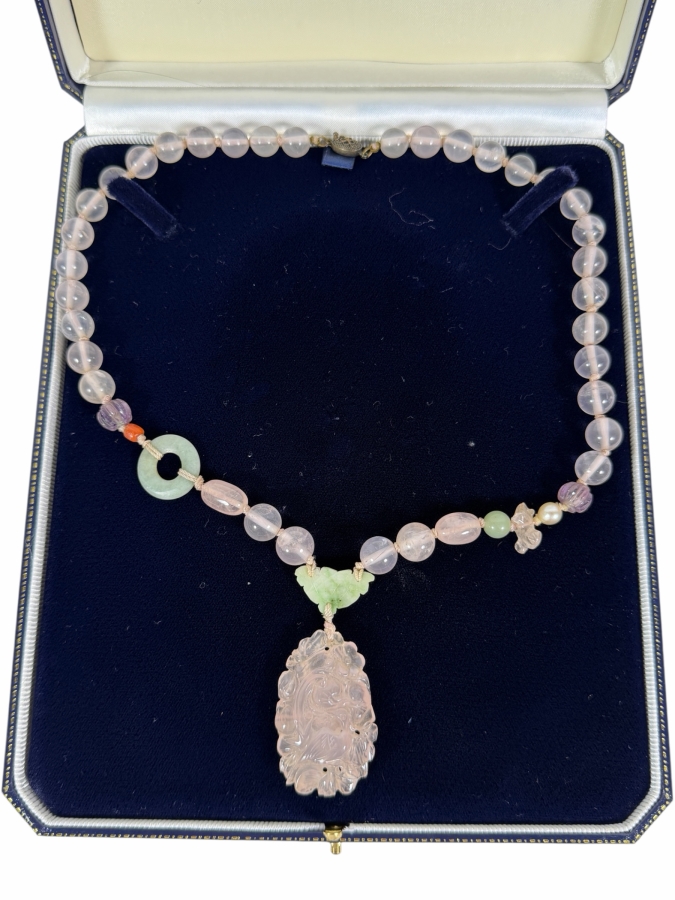 Vintage Chinese Carved Rose Quartz And Jadeite Jade Beaded Pendant Necklace With Silver Clasp