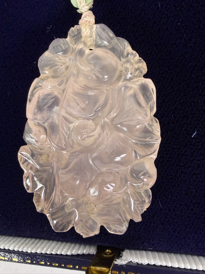 Vintage Chinese Carved Rose Quartz And Jadeite Jade Beaded Pendant Necklace With Silver Clasp [Photo 9]