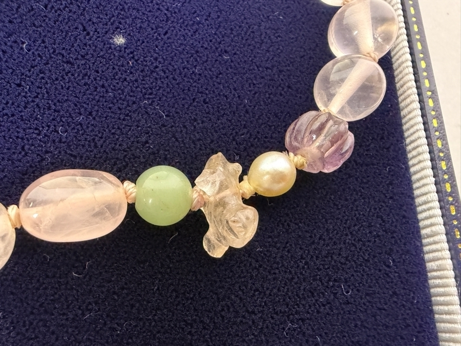 Vintage Chinese Carved Rose Quartz And Jadeite Jade Beaded Pendant Necklace With Silver Clasp [Photo 6]
