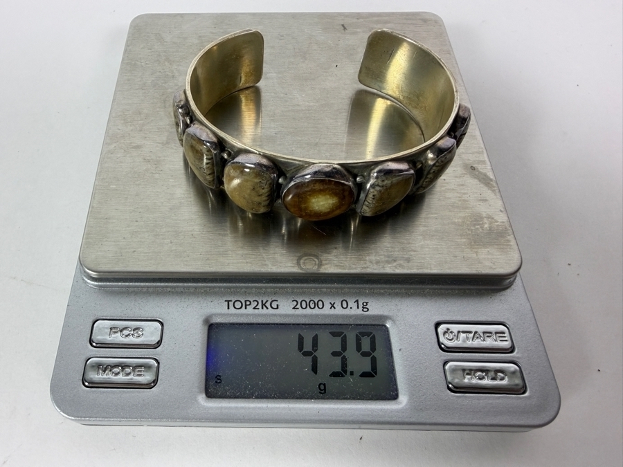 Vintage Native American Signed KA Sterling Silver Fossilized Walrus Ivory Row Cuff Bracelet 2.5'W 43.9g  [Photo 8]