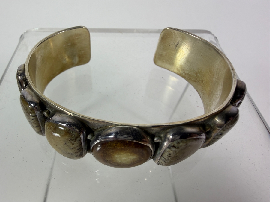 Vintage Native American Signed KA Sterling Silver Fossilized Walrus Ivory Row Cuff Bracelet 2.5'W 43.9g  [Photo 4]