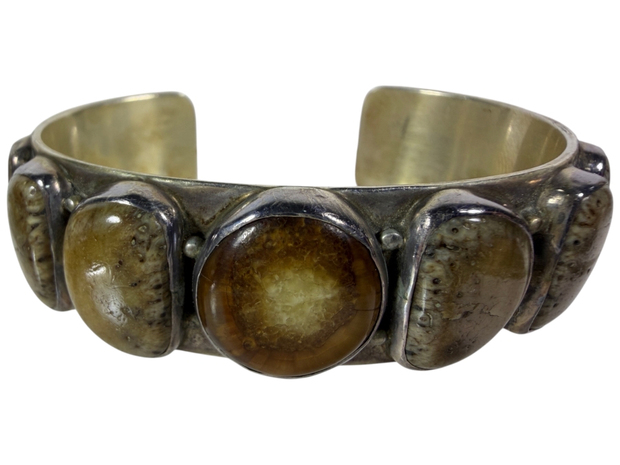 Vintage Native American Signed KA Sterling Silver Fossilized Walrus Ivory Row Cuff Bracelet 2.5'W 43.9g 