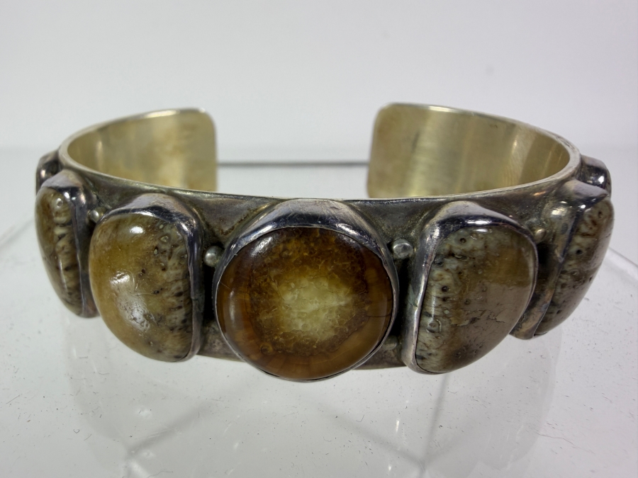 Vintage Native American Signed KA Sterling Silver Fossilized Walrus Ivory Row Cuff Bracelet 2.5'W 43.9g  [Photo 2]